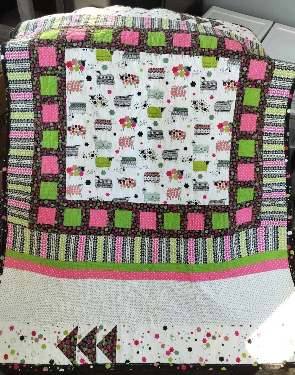 New Nursery/Crib Quilt/Baby Blanket;Black/Green/ Pink; Lamb/Sheep Design 32 X 45